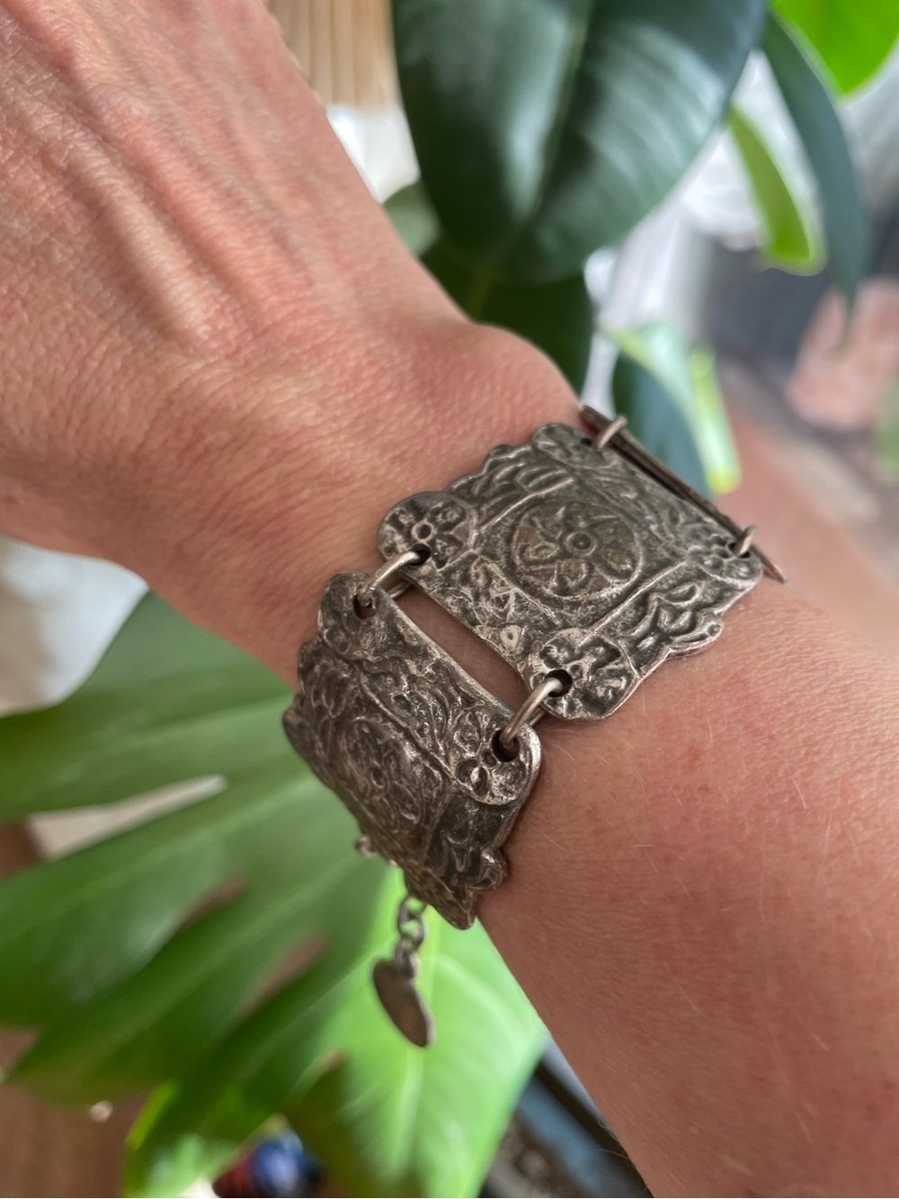 Vintage Ornate Bracelet Silver-tone Panel BoHo Square Adjustable Statement Piece